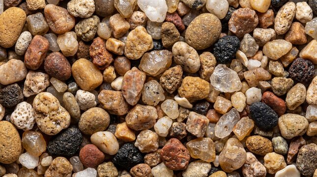 Detailed view of mixed color gravel and small stones creating a natural textured background.