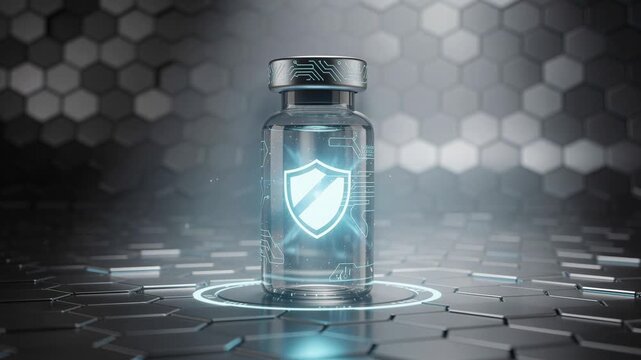 Futuristic transparent medical vial with glowing shield symbol on hexagonal digital background