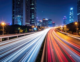 Obraz premium Busy highway at night with light trails of vehicles and illuminated skyscrapers.