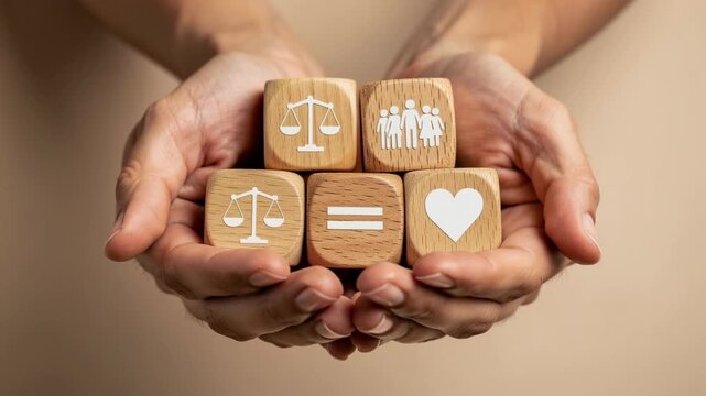 Hands holding wooden blocks with equality, justice, family, and love symbols promoting human rights and social unity