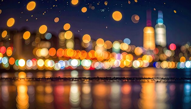 Blurry city lights reflect on the water at night, creating a dreamy, abstract scene.