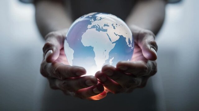 Hands holding glowing transparent globe showing world map with focus on Africa and Europe representing global care