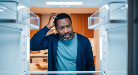 Fototapeta premium Man looking puzzled while standing in front of an open refrigerator 