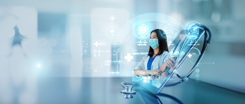 Digital health, Doctor online, Virtual communication in hospital. Medical and consultation with patient, Medical discussing medicine and through the phone screen and tablet with analysis health care.