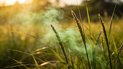 Naklejka premium Close-up of vetiver grass swaying with green vapors in sunlit natural essential oil field