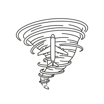 an airplane caught in a powerful tornado depicting severe weather and dangerous air travel conditions.