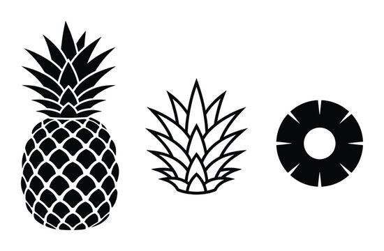 Pineapple whole top and slice tropical fruit vector icons for healthy food and summer drinks