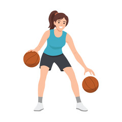 Naklejka premium Young woman dribbling basketball during practice. Flat vector illustration isolated on white background