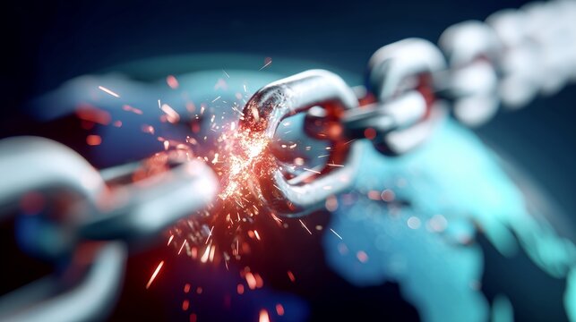 Snapped steel chain with sparks against world map, broken supply chain concept