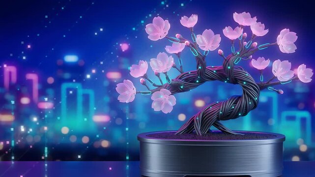 Futuristic digital bonsai tree with copper wire trunk and glowing neon pink cherry blossoms representing Asian cyber tech and electronic nature