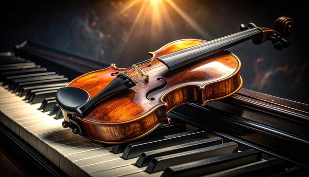 A classic violin rests gracefully upon the ebony and ivory keys of a grand piano, bathed in a warm, golden spotlight.