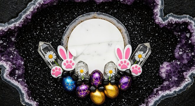 A colorful Easter-themed crystal bracelet with bunny paw decorations on a geode background