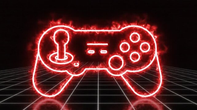 Neon Gaming Controller with Fiery Red Glow on Grid Background.