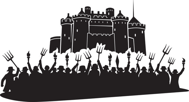 Silhouette of people holding pitchforks together.