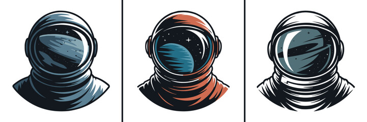 Collection of three stylized astronaut helmet portraits showcasing cosmic reflections within the visors © Vectyx