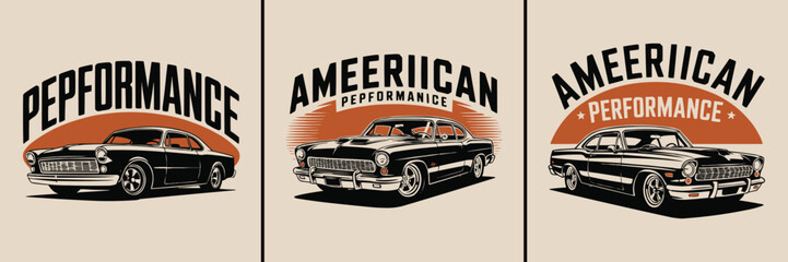 Fototapeta premium Collection of three vintage American muscle car graphic designs featuring stylized typography and classic automotive illustration.