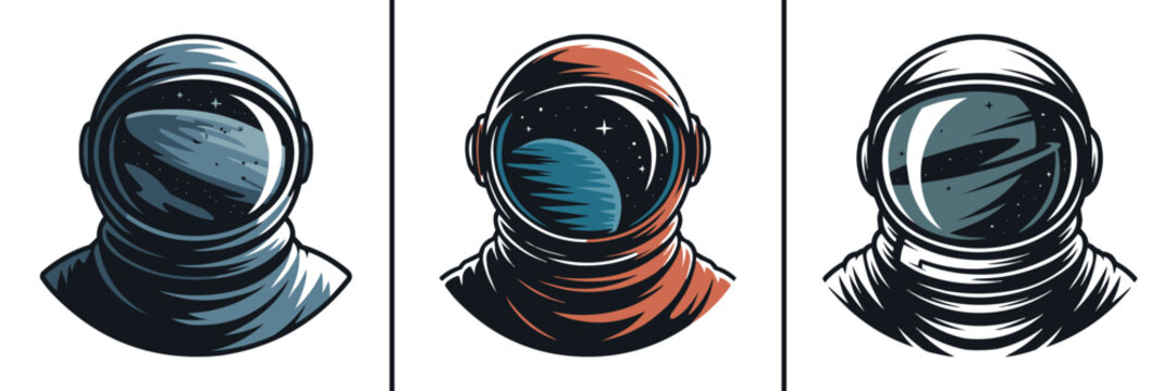 Collection of three stylized astronaut helmet portraits showcasing cosmic reflections within the visors