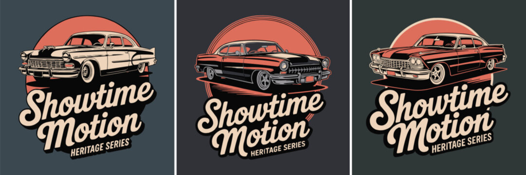 Vintage American classic car graphic design featuring custom lowrider vehicles in a retro style series