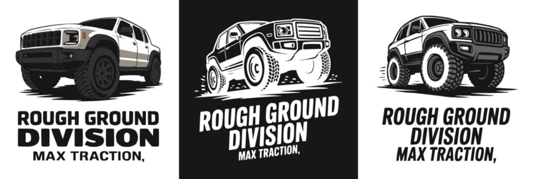 Collection of rugged offroad vehicle logos showcasing extreme suspension and maximum traction capabilities for adventure branding.