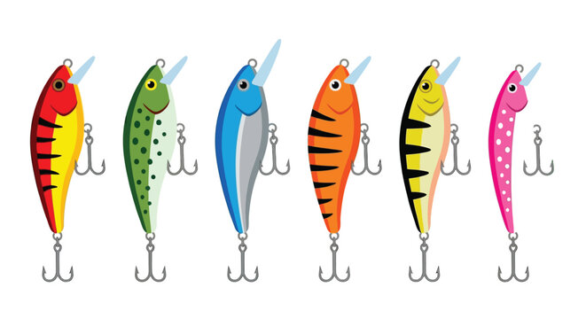 Colorful assortment of fishing lures with sharp hooks displayed in a row