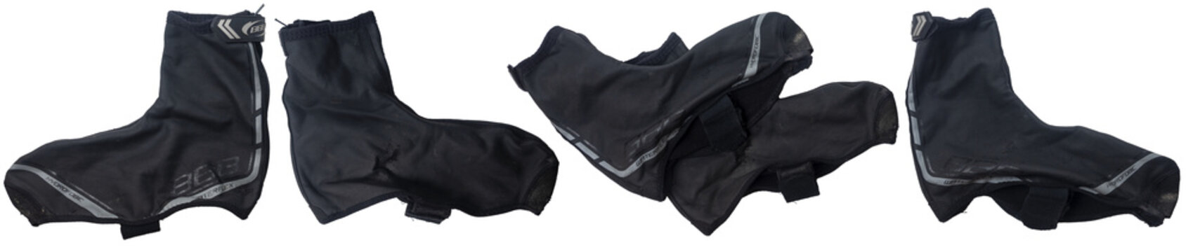 Krasnodar City, Russia - 28 March 2026: Old torn BBB bicycle shoe covers set isolated on white 