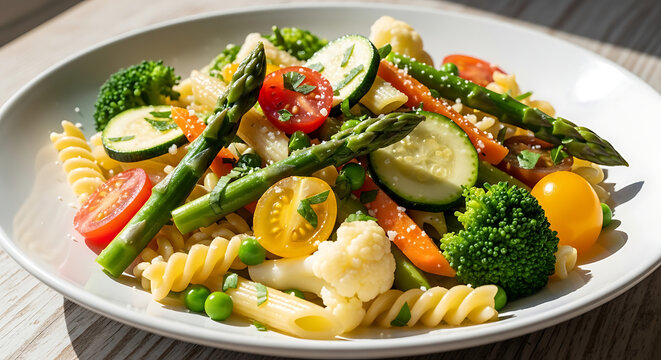Delicious pasta salad with vegetables and healthy ingredients on plate transparent background