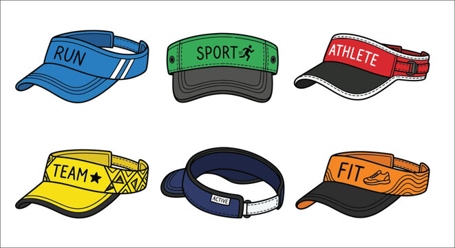 Collection of colorful sports visors with different text and designs