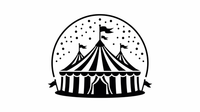 Black and white circus tent vector illustration with flags and confetti in a circular frame, concept for event logo design, carnival invitation and festival branding
