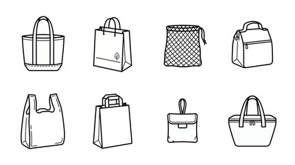 Collection of various reusable shopping bags and ecological containers in hand drawn line art style on white background, concept for retail branding, sustainable marketing and lifestyle promotion