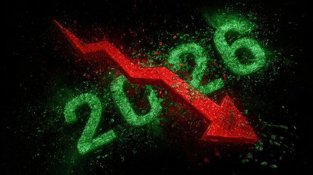 Economic Decline Forecast for 2026: An abstract representation of economic downturn, with a downward trending arrow superimposed over the year 2026, conveying the concept of economic recession.