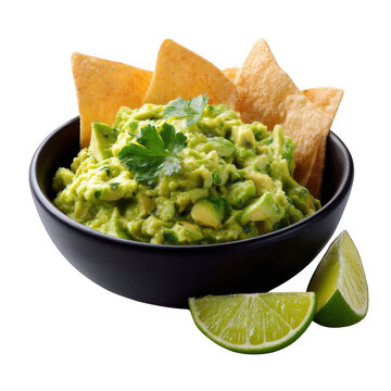 A small dark bowl filled with fresh chunky guacamole topped with cilantro and crispy corn chips isolated on transparent background
