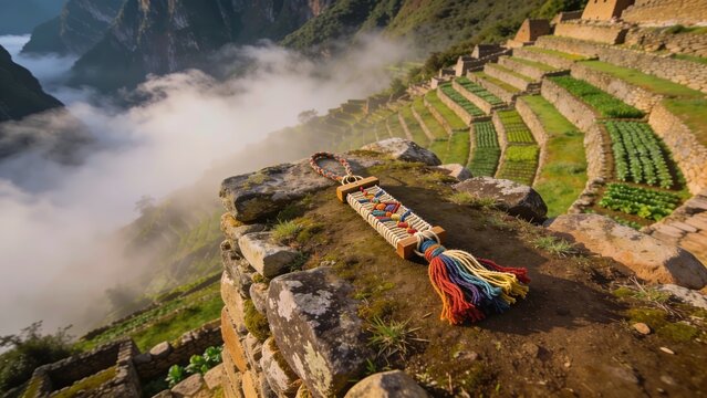 Aerial view of Inca terraces with colorful quipu knot counter on mountain slope in morning mist