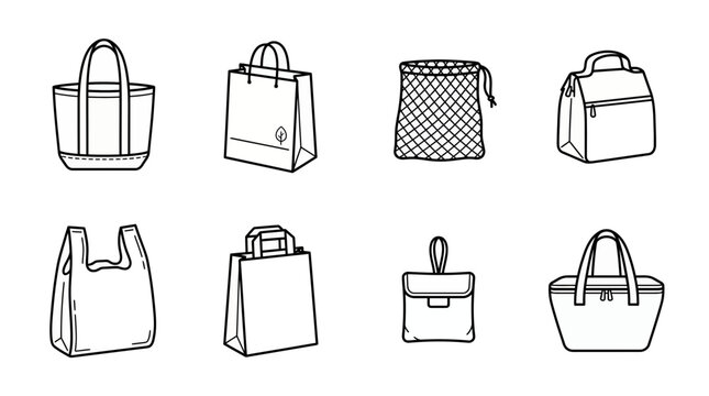 Collection of various reusable shopping bags and ecological containers in hand drawn line art style on white background, concept for retail branding, sustainable marketing and lifestyle promotion