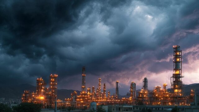 South Pars gas refinery symbolizing global energy demand, large industrial towers under a dramatic sky, realistic documentary photography, high detail petrochemical infrastructure, cinematic 