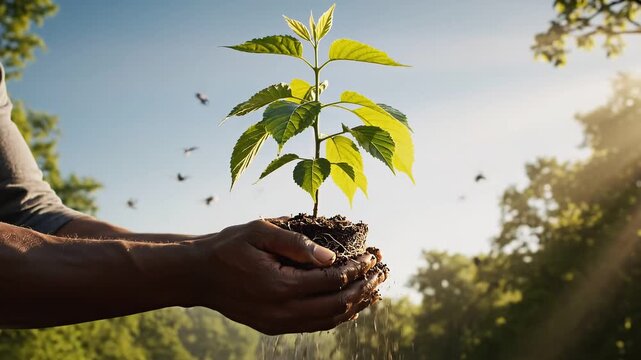 Hands planting a young tree seedling in sunlit green fields sustainable des