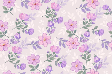 Fototapeta premium Seamless pattern of soft pink and purple flowers with green leaves on a light neutral background, creating a delicate, romantic, and elegant botanical design. 