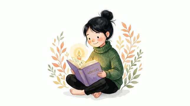 Cute young girl wearing green sweater sitting and reading glowing magic book with botanical leaves on white background, concept for young author career, student literacy and creative editor work