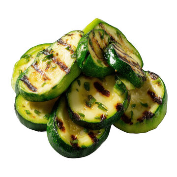 A small pile of sliced zucchini rounds that have been grilled to perfection with char marks isolated on transparent background
