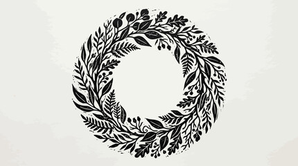 Black linocut botanical wreath with detailed leaves ferns and berries on textured background, concept for vintage wedding invitation, organic product branding and seasonal holiday greeting
