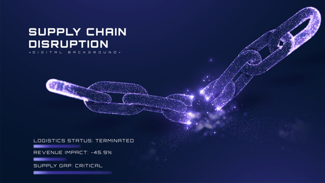 Abstract technology background showing digital supply chain disruption. Futuristic cyber war risk and industry trade loss presentation. Vector illustration.
