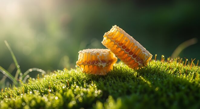 Two pieces of honeycomb sit on a bed of lush green moss in a natural setting with sunlight filtering through
