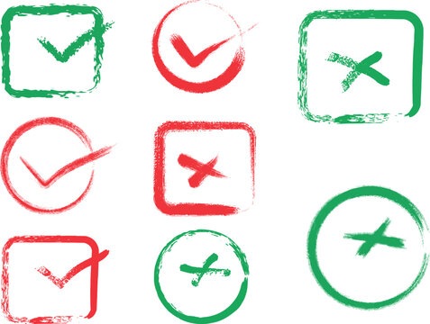 A collection of hand drawn checkmark and cross symbols in red and green