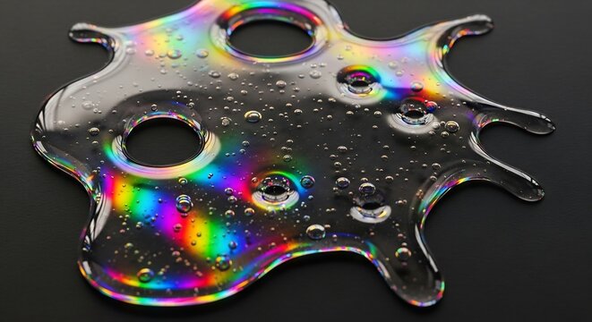 Abstract Rainbow Oil Slick on Water Surface with Bubbles.