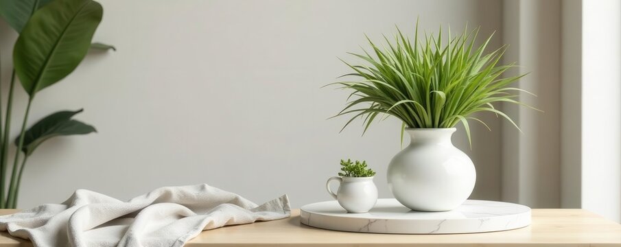 White vase, lagurus grass, marble tray, wooden bench, linen blanket, Scandinavian style , clean, modern