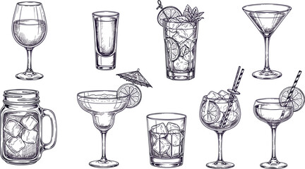 Vintage hand drawn cocktail glasses collection sketch style bar drinks illustration detailed glassware set isolated design elements © Honey!