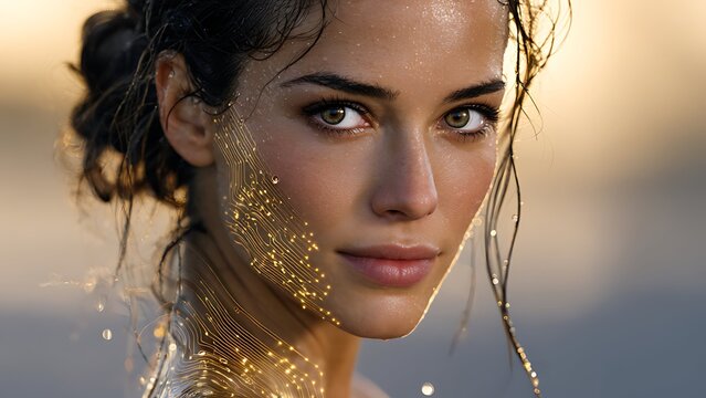 Beautiful woman with glowing wet skin and AI neural network mesh, concept of future beauty, biotechnology and artificial intelligence