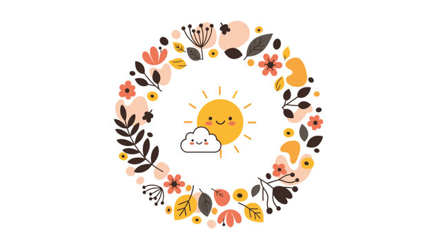 Circular wreath made of autumn leaves and flowers surrounding a smiling sun and a small happy cloud in the center.