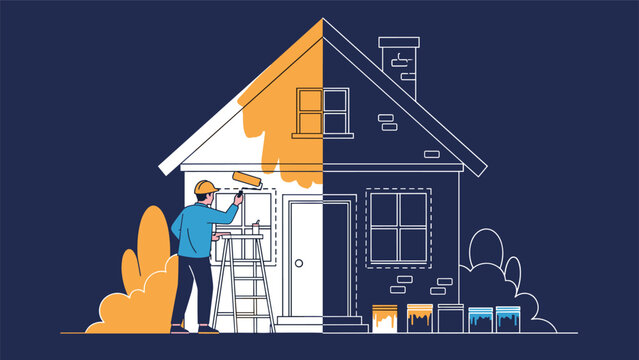 Construction worker on a ladder painting a house with orange paint as it transforms from a simple line drawing.