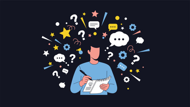 Man in a blue sweater writing in a sketchbook while various icons, stars, and question marks explode from his head.