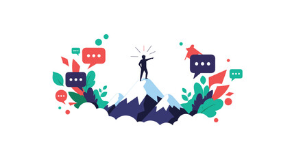 Naklejka premium Silhouette of a person standing triumphantly on top of a snowy mountain peak surrounded by clouds, plants, and speech bubbles.